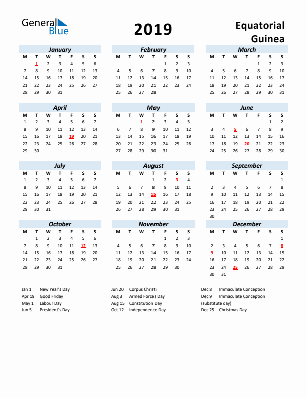 2019 Calendar for Equatorial Guinea with Holidays