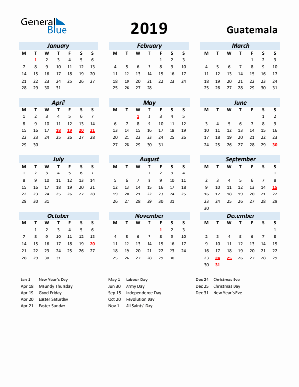 2019 Calendar for Guatemala with Holidays