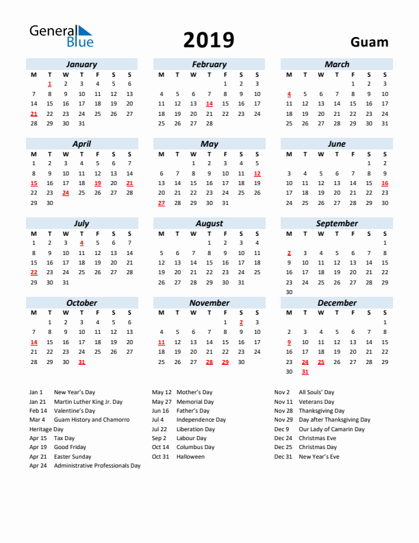 2019 Calendar for Guam with Holidays