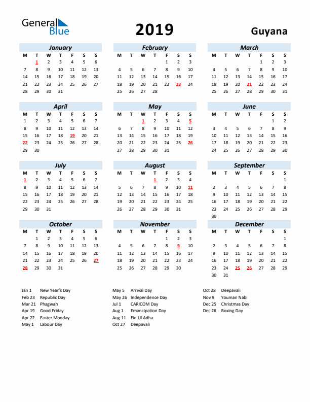 2019 Calendar for Guyana with Holidays