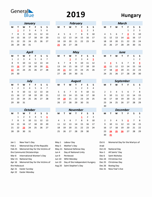 2019 Calendar for Hungary with Holidays