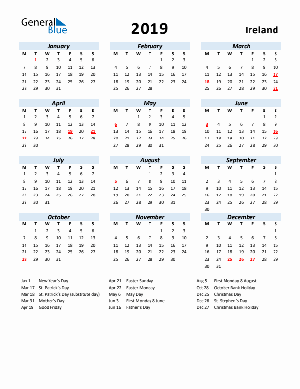 2019 Calendar for Ireland with Holidays