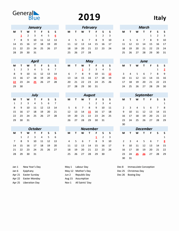 2019 Calendar for Italy with Holidays