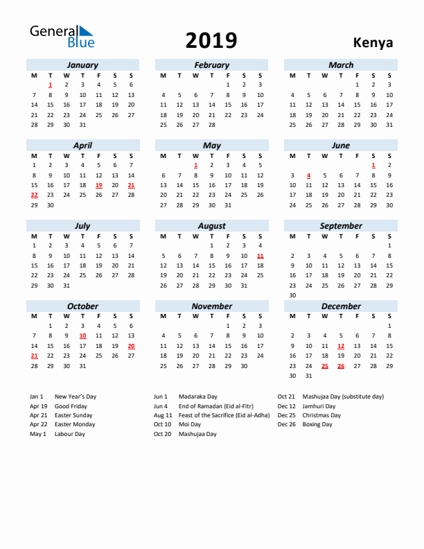 2019 Calendar for Kenya with Holidays