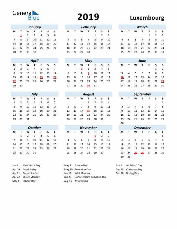 2019 Calendar for Luxembourg with Holidays