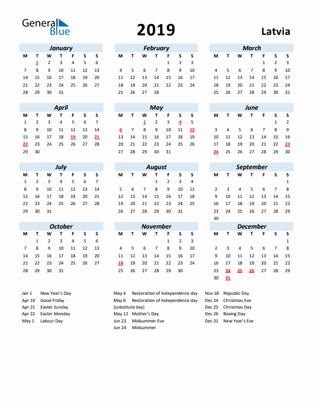 2019 Calendar for Latvia with Holidays