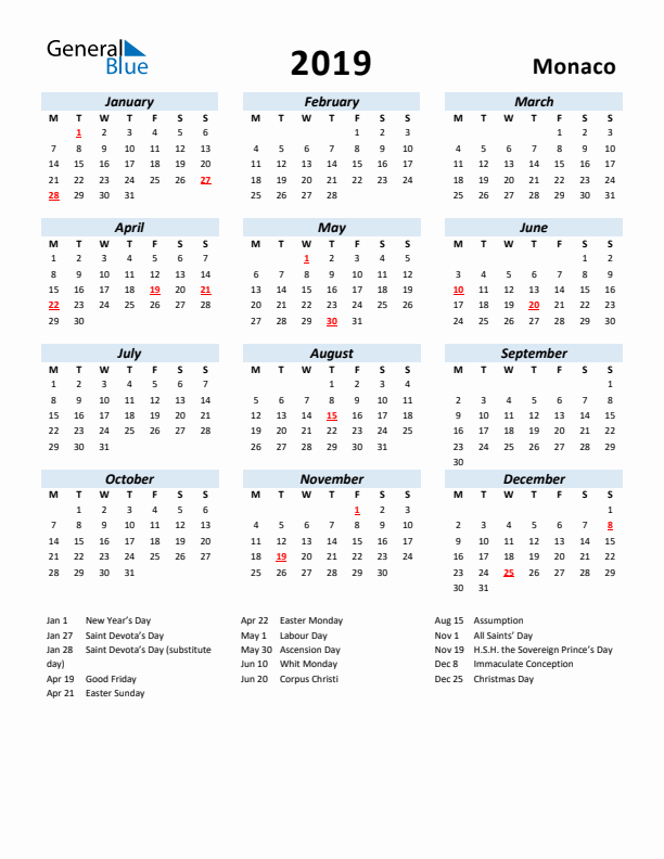 2019 Calendar for Monaco with Holidays