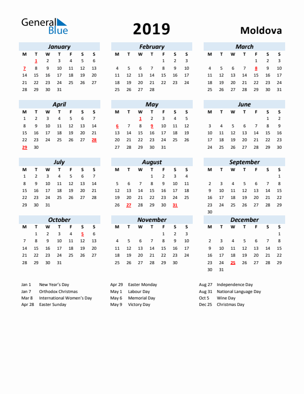 2019 Calendar for Moldova with Holidays