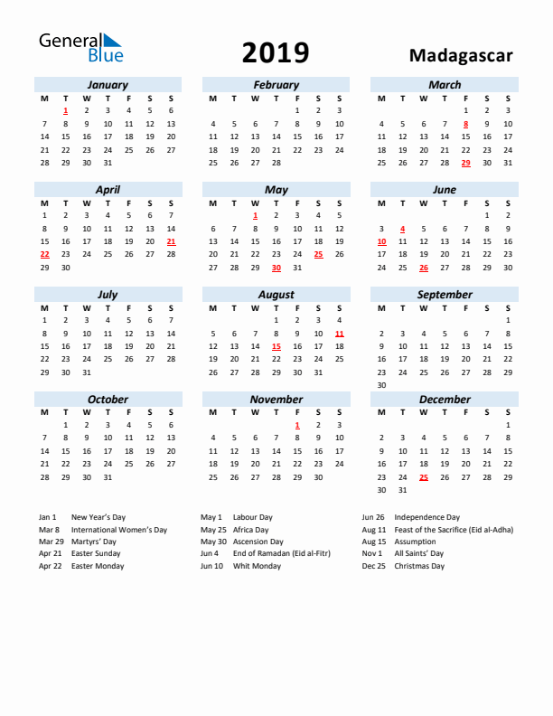 2019 Calendar for Madagascar with Holidays