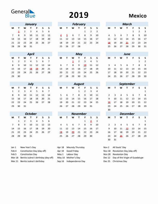2019 Calendar for Mexico with Holidays
