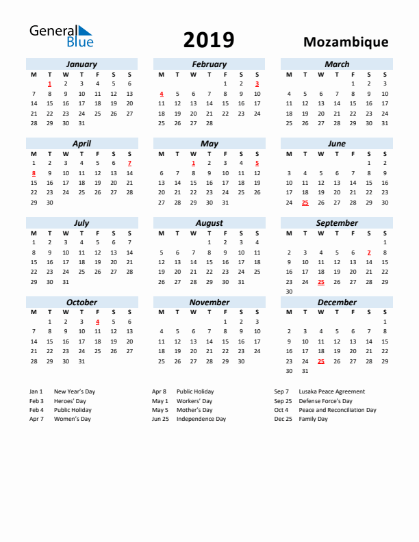 2019 Calendar for Mozambique with Holidays