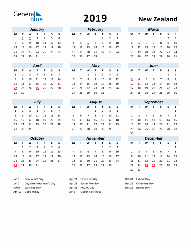 2019 Calendar for New Zealand with Holidays