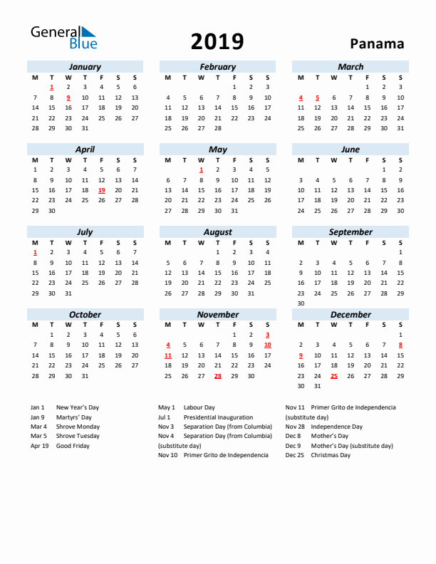 2019 Calendar for Panama with Holidays