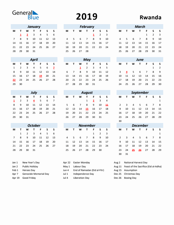2019 Calendar for Rwanda with Holidays