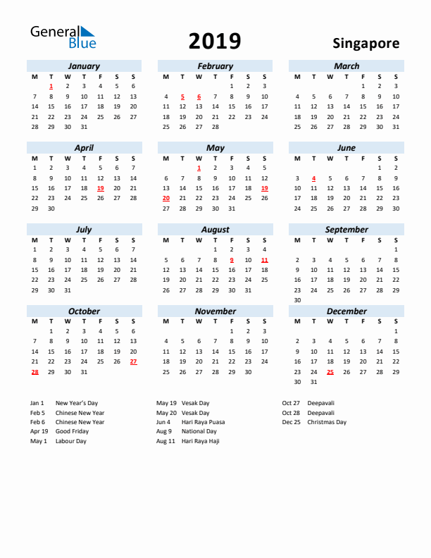 2019 Calendar for Singapore with Holidays