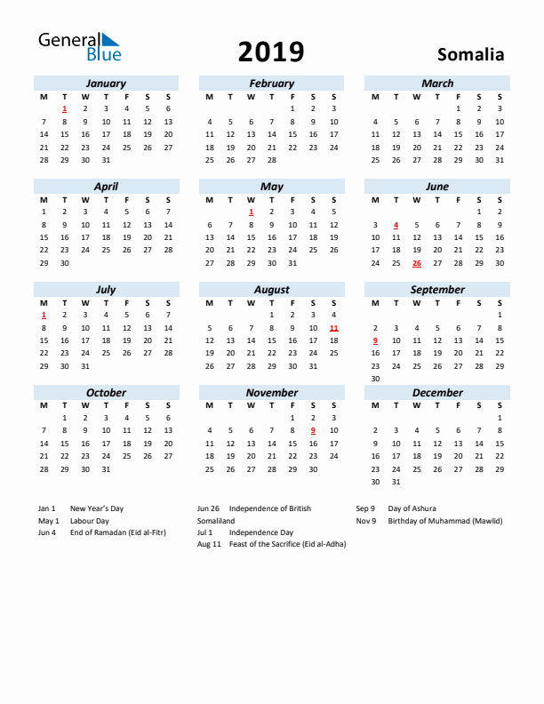 2019 Calendar for Somalia with Holidays