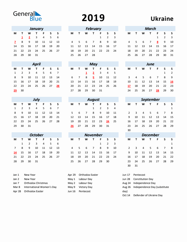 2019 Calendar for Ukraine with Holidays