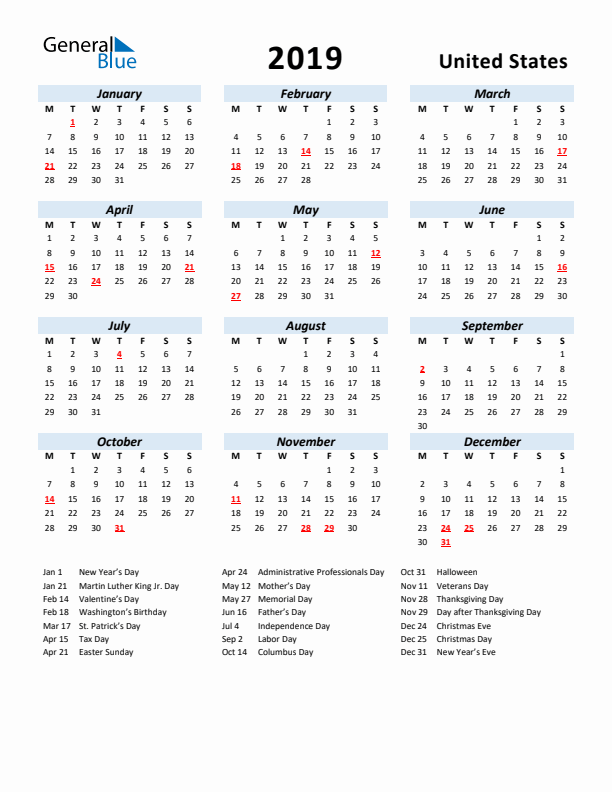 2019 Calendar for United States with Holidays