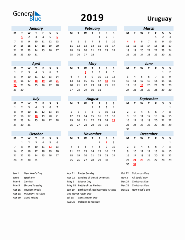 2019 Calendar for Uruguay with Holidays