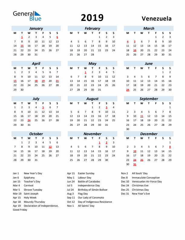 2019 Calendar for Venezuela with Holidays