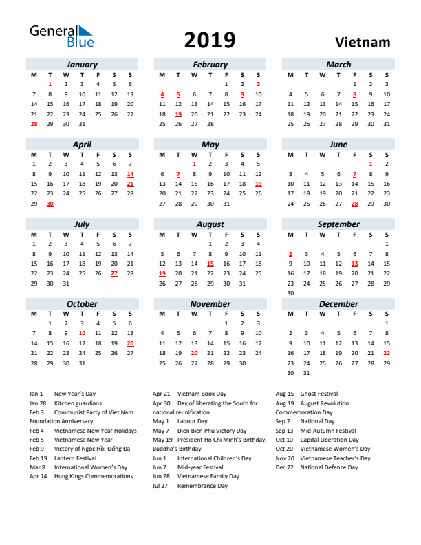 2019 Calendar for Vietnam with Holidays