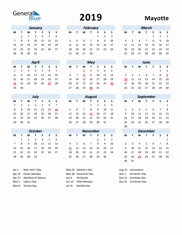 2019 Calendar for Mayotte with Holidays
