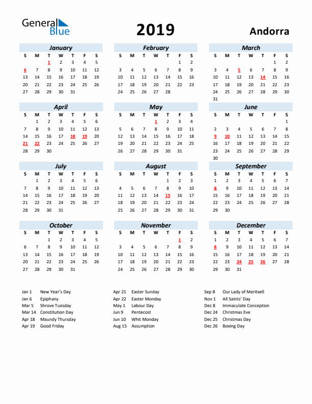 2019 Calendar for Andorra with Holidays