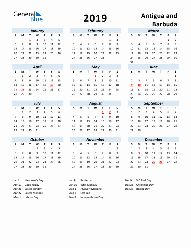 2019 Calendar for Antigua and Barbuda with Holidays