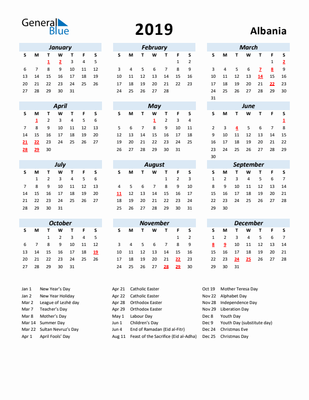 2019 Calendar for Albania with Holidays