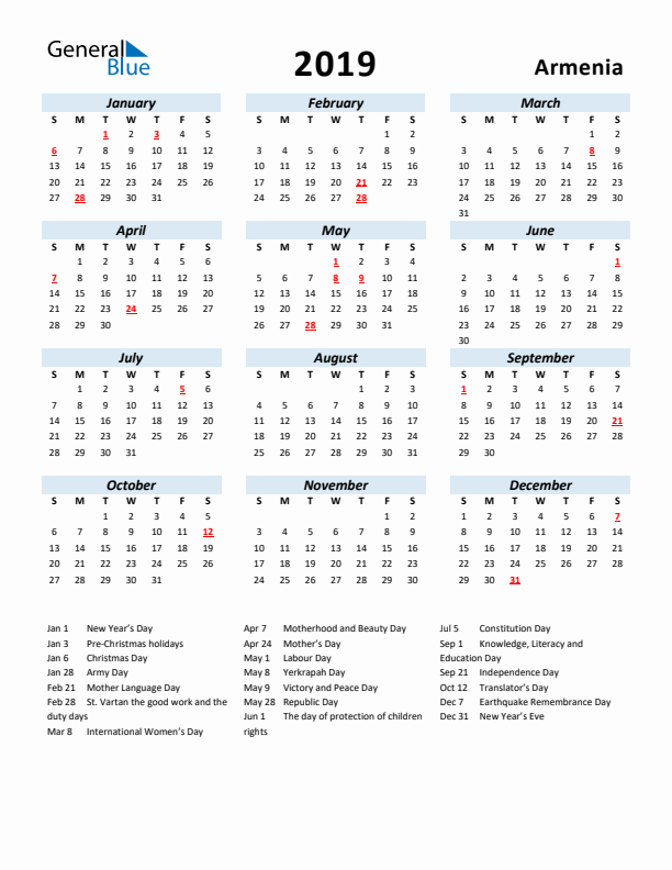 2019 Calendar for Armenia with Holidays