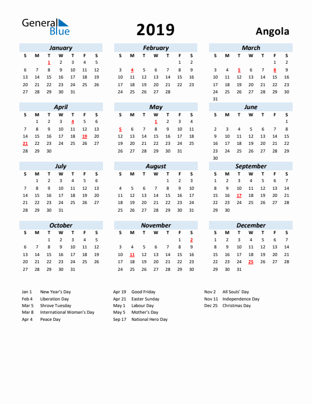 2019 Calendar for Angola with Holidays