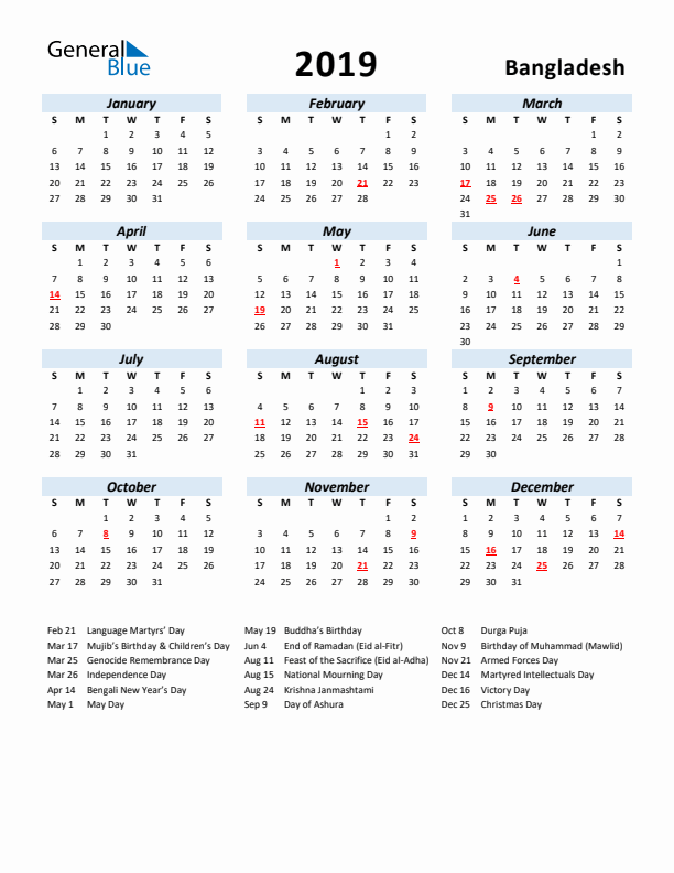 2019 Calendar for Bangladesh with Holidays