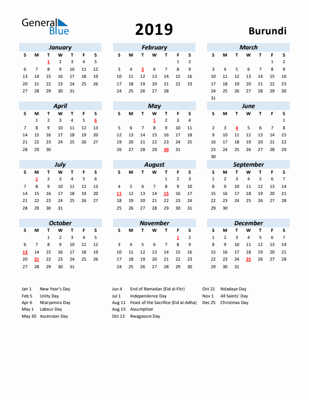 2019 Calendar for Burundi with Holidays