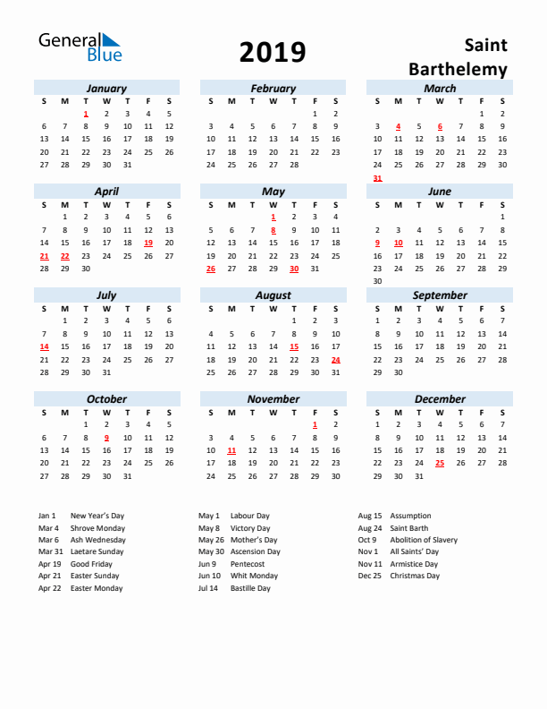 2019 Calendar for Saint Barthelemy with Holidays
