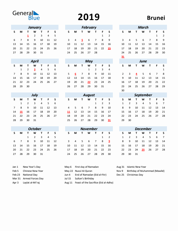 2019 Calendar for Brunei with Holidays