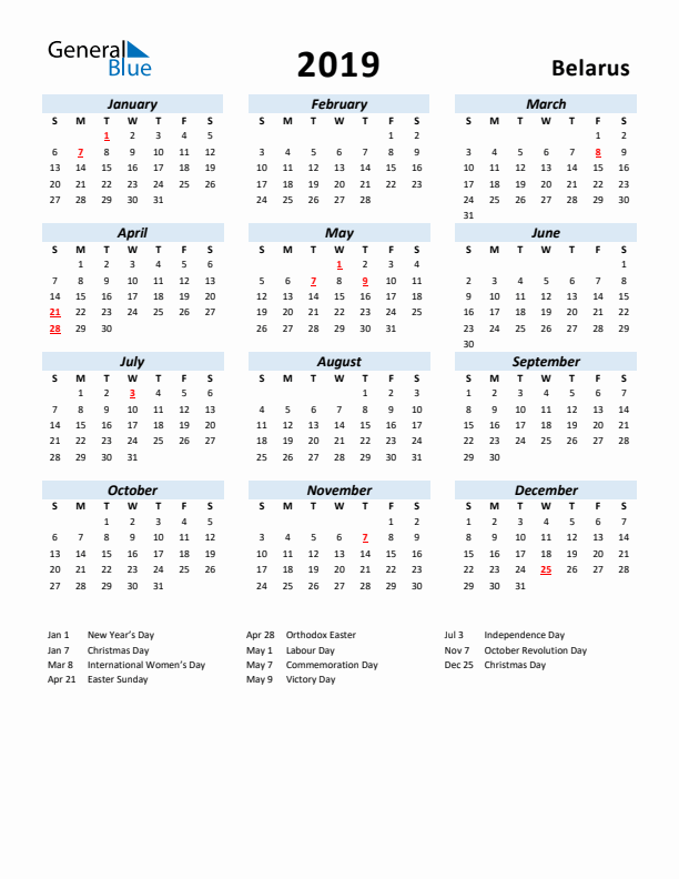 2019 Calendar for Belarus with Holidays