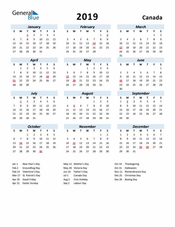 2019 Calendar for Canada with Holidays