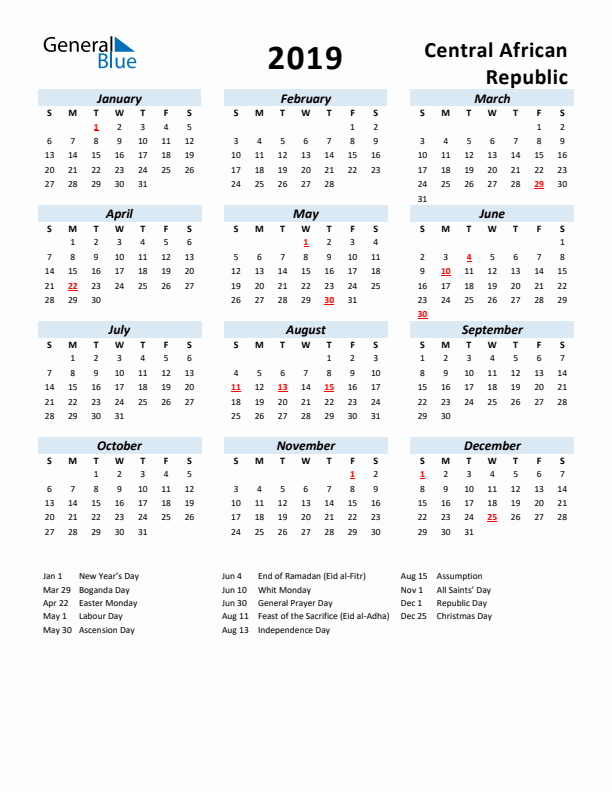 2019 Calendar for Central African Republic with Holidays