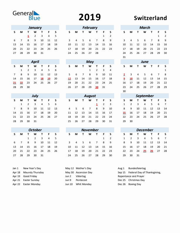 2019 Calendar for Switzerland with Holidays