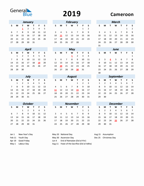 2019 Calendar for Cameroon with Holidays