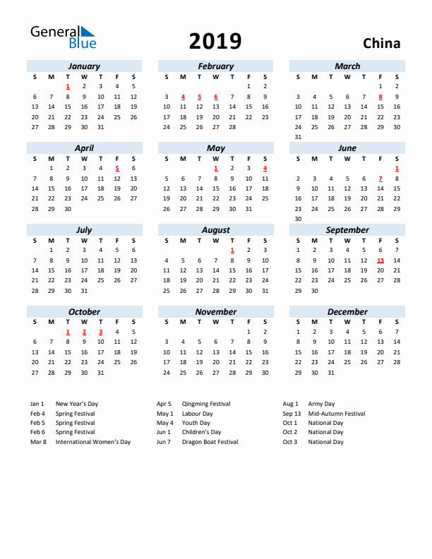 2019 Calendar for China with Holidays