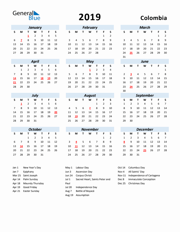 2019 Calendar for Colombia with Holidays