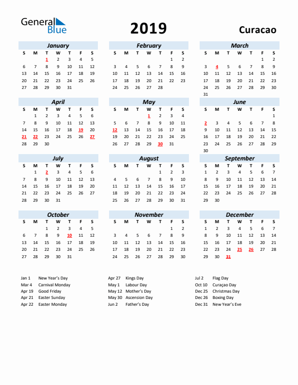 2019 Calendar for Curacao with Holidays