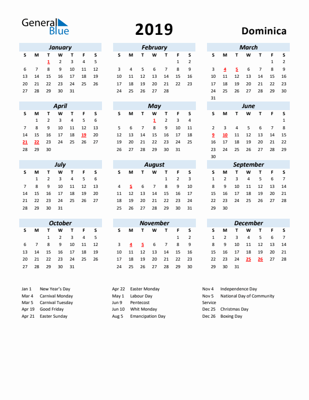2019 Calendar for Dominica with Holidays