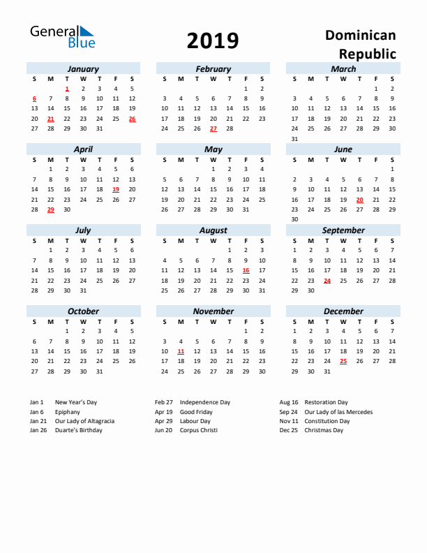 2019 Calendar for Dominican Republic with Holidays
