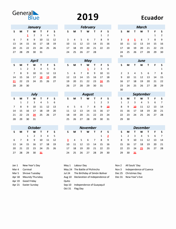 2019 Calendar for Ecuador with Holidays