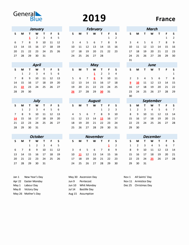 2019 Calendar for France with Holidays