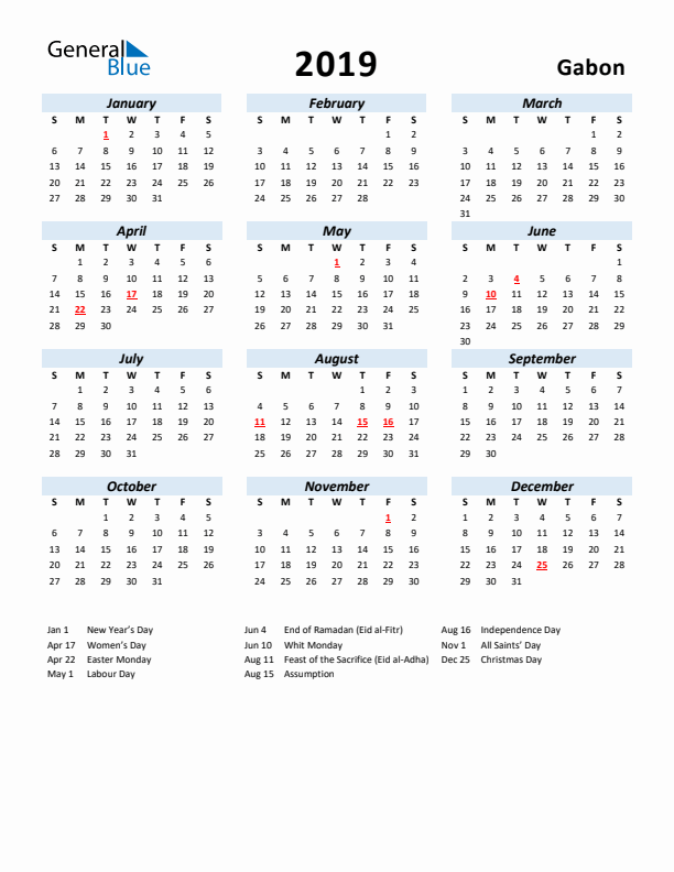 2019 Calendar for Gabon with Holidays
