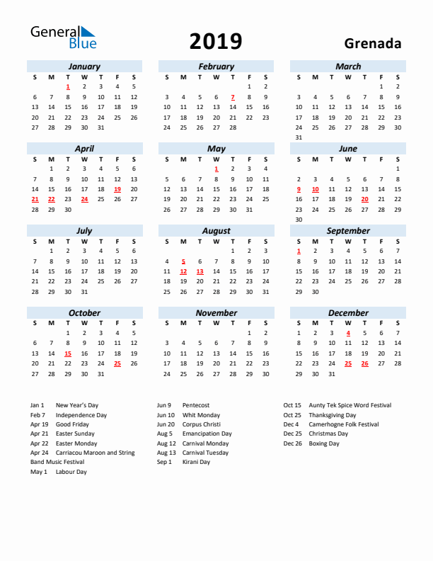 2019 Calendar for Grenada with Holidays