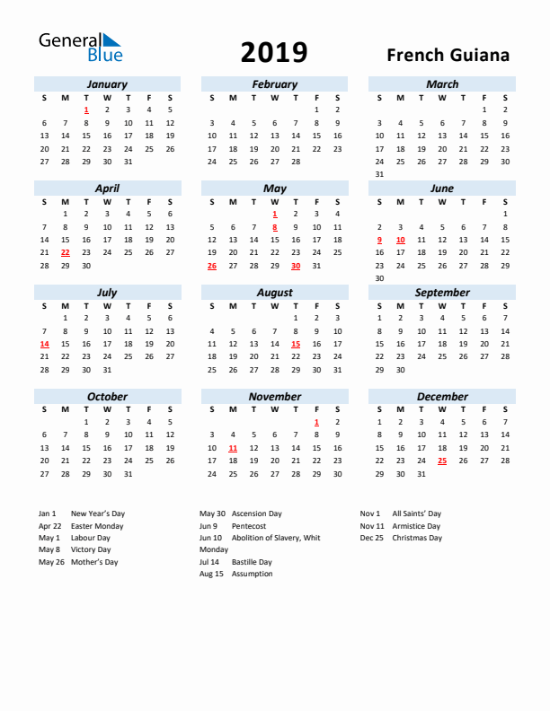 2019 Calendar for French Guiana with Holidays